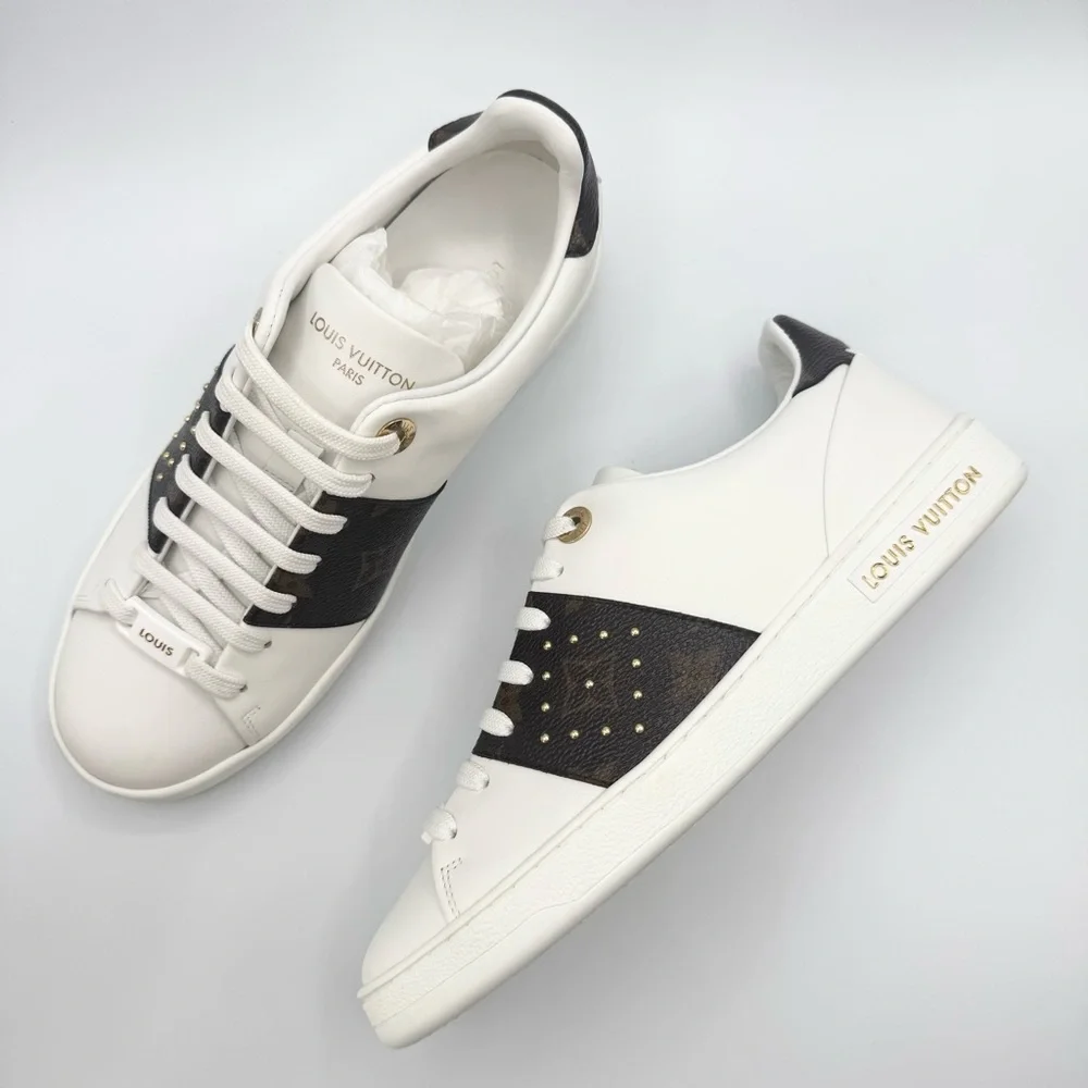 NEW Louis Vuitton Frontrow White Brown Monogram Logo Studded Leather Sneakers